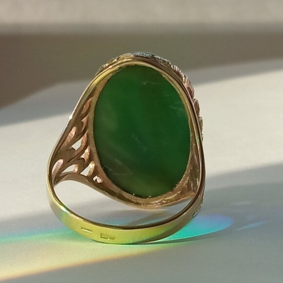 14K Solid Gold Large Cat's Eye Jade Ring - Custom Design, Natural Jade - Picture 6 of 7